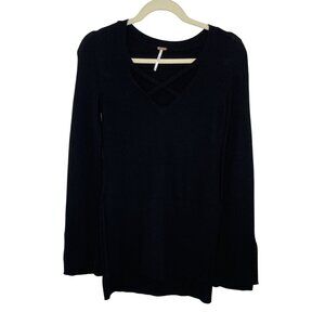 Free People Black V-Neck Sweater With Cross-Front Detail, XS